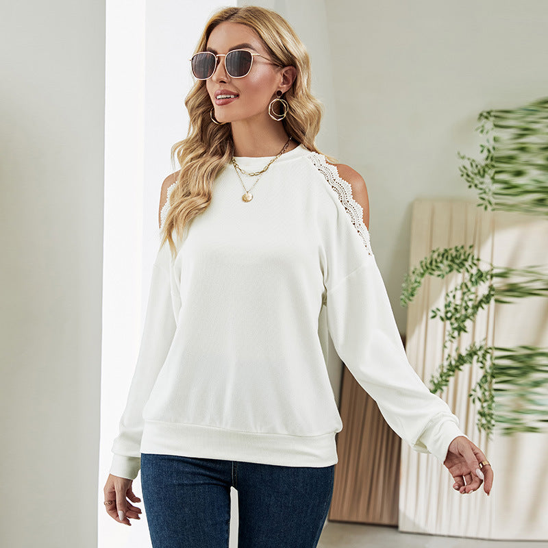 Fashion Lace Panel Sexy Shoulder Drop Casual European And American T-shirt