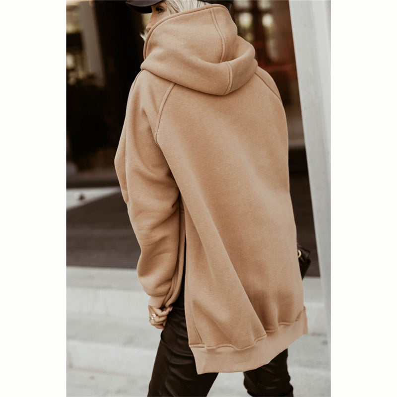 Women's Long Sleeve Solid Color Hooded Slit Sweatshirt