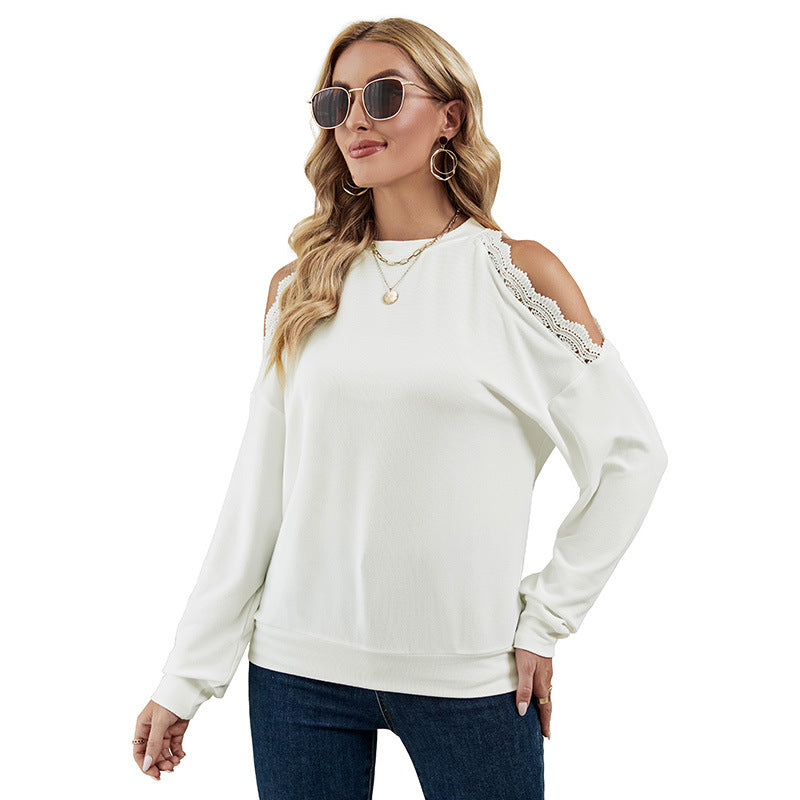 Fashion Lace Panel Sexy Shoulder Drop Casual European And American T-shirt