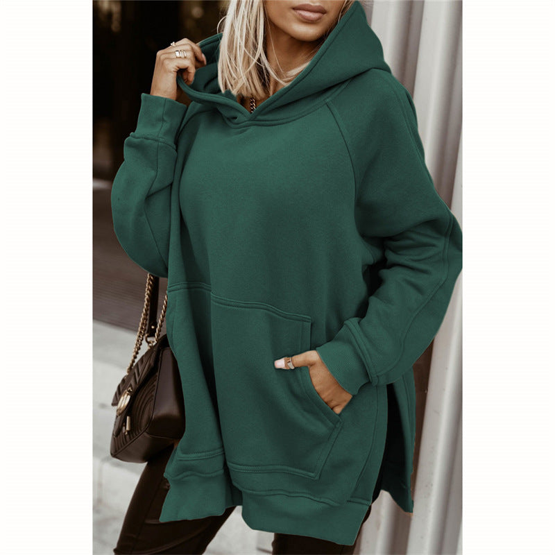 Women's Long Sleeve Solid Color Hooded Slit Sweatshirt